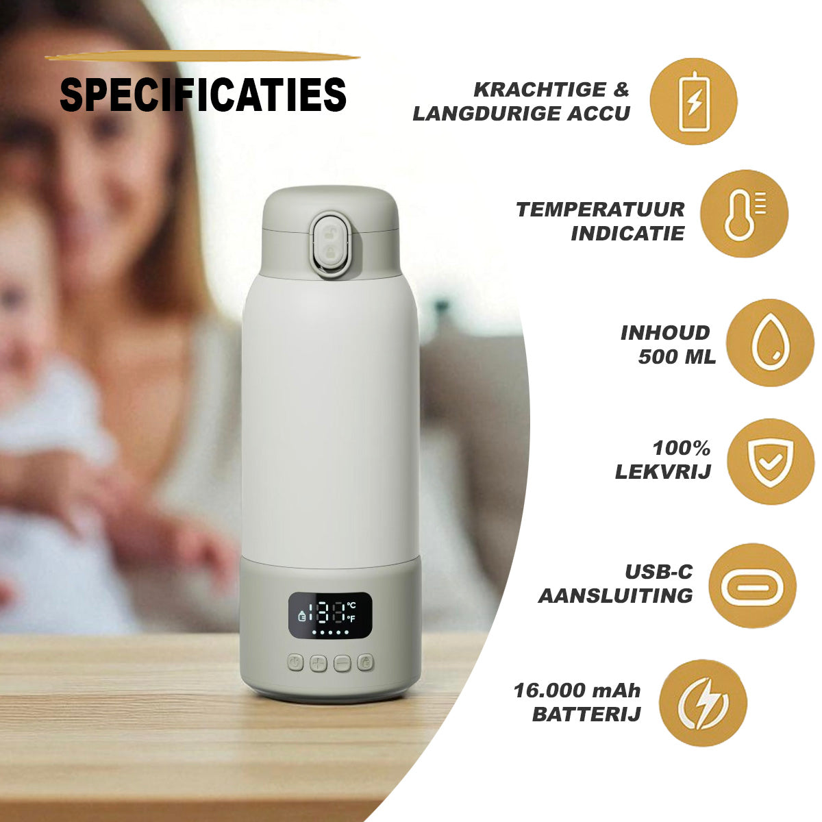 Simanti Flessenwarmer Thermosfles – 500 ml RVS – Draadloos & Snel Opladen – Verwarmt in 3 Min – LED Display
