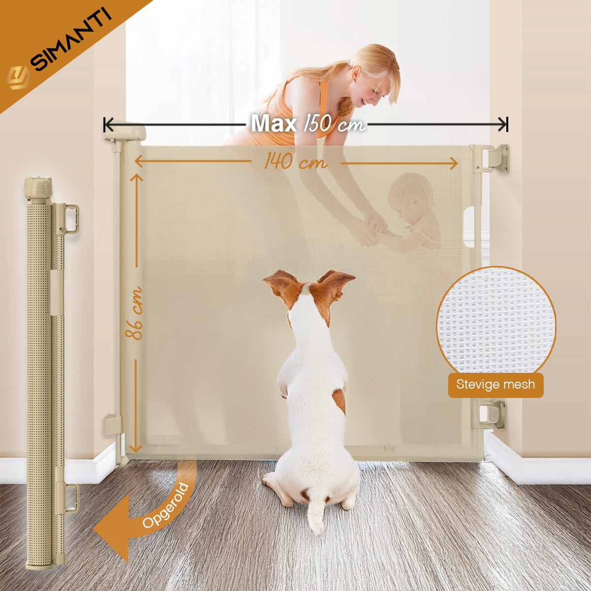 Retractable Safety Gate Beige 150 cm – Baby Gate with Premium Mesh
