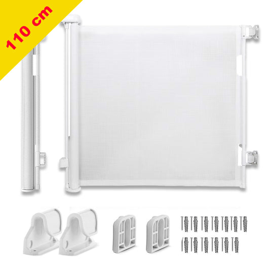Barrière d'escalier enroulable BLANC - 110 cm - Barrière de sécurité avec maille de luxe