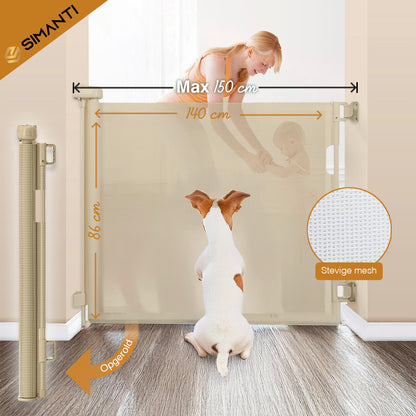 Oprolbaar Traphekje Beige 150 cm- Veiligheidshekje voor baby met Luxe Mesh